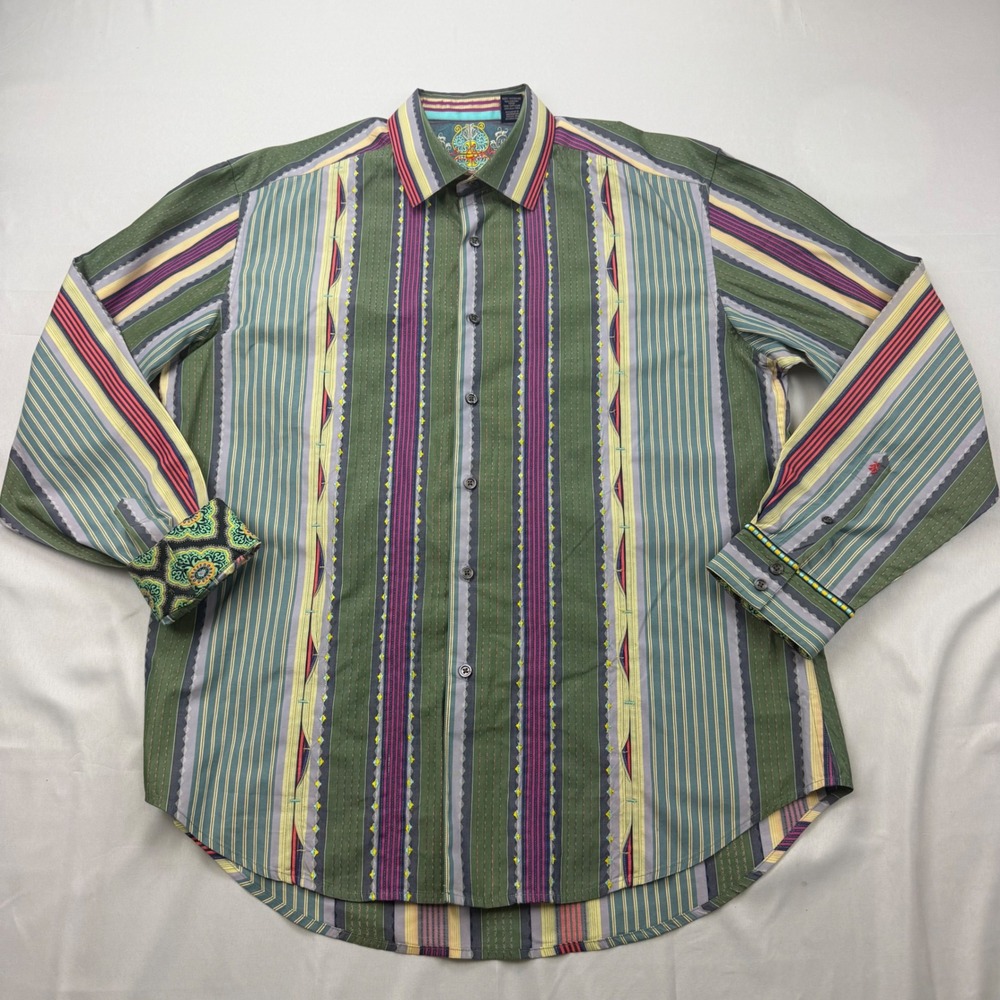 Robert Graham Button Down Shirt Mens XL Green Multi Stripe Embroidered LonSleeve